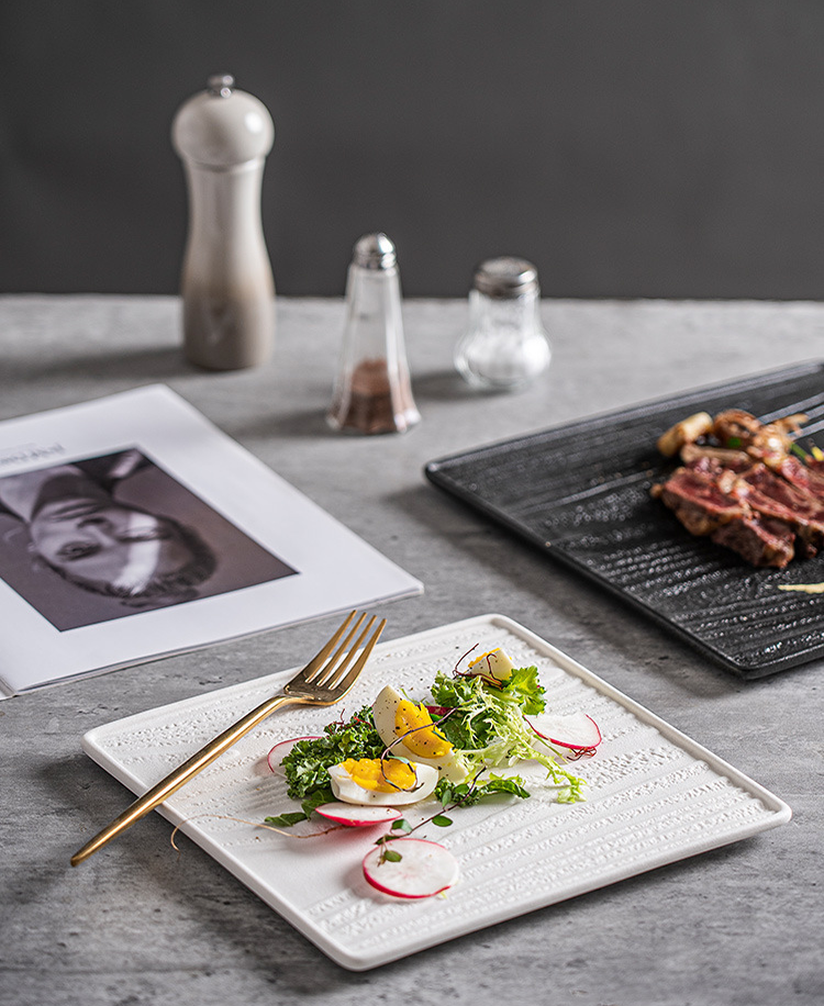 Modern Square Ceramic Dinner Plate|High-Fired Stone-Texture Ceramic